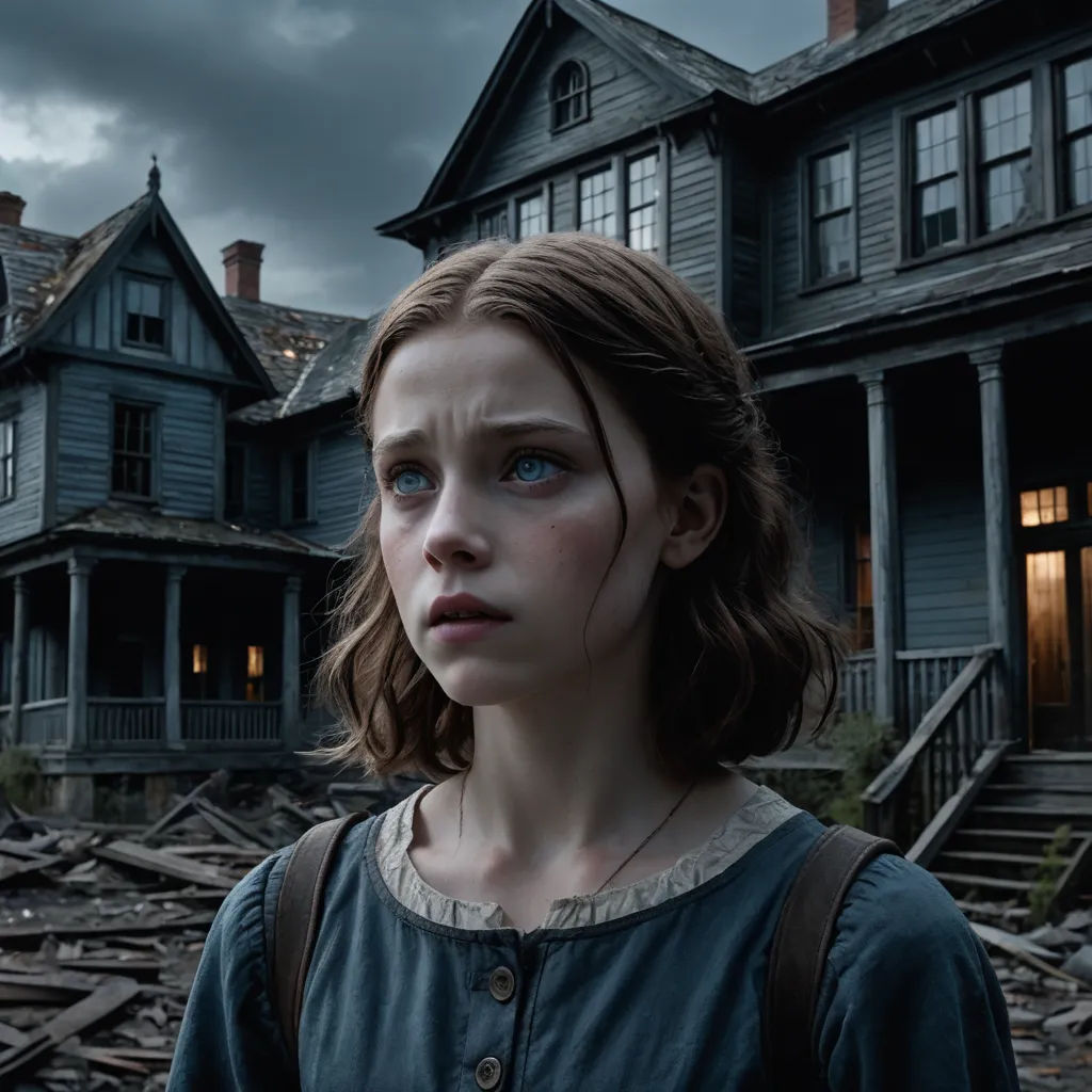 a woman standing in front of a house with a creepy look on her face and a creepy looking face, aestheticism, a detailed matte painting, Anne Said, vfx