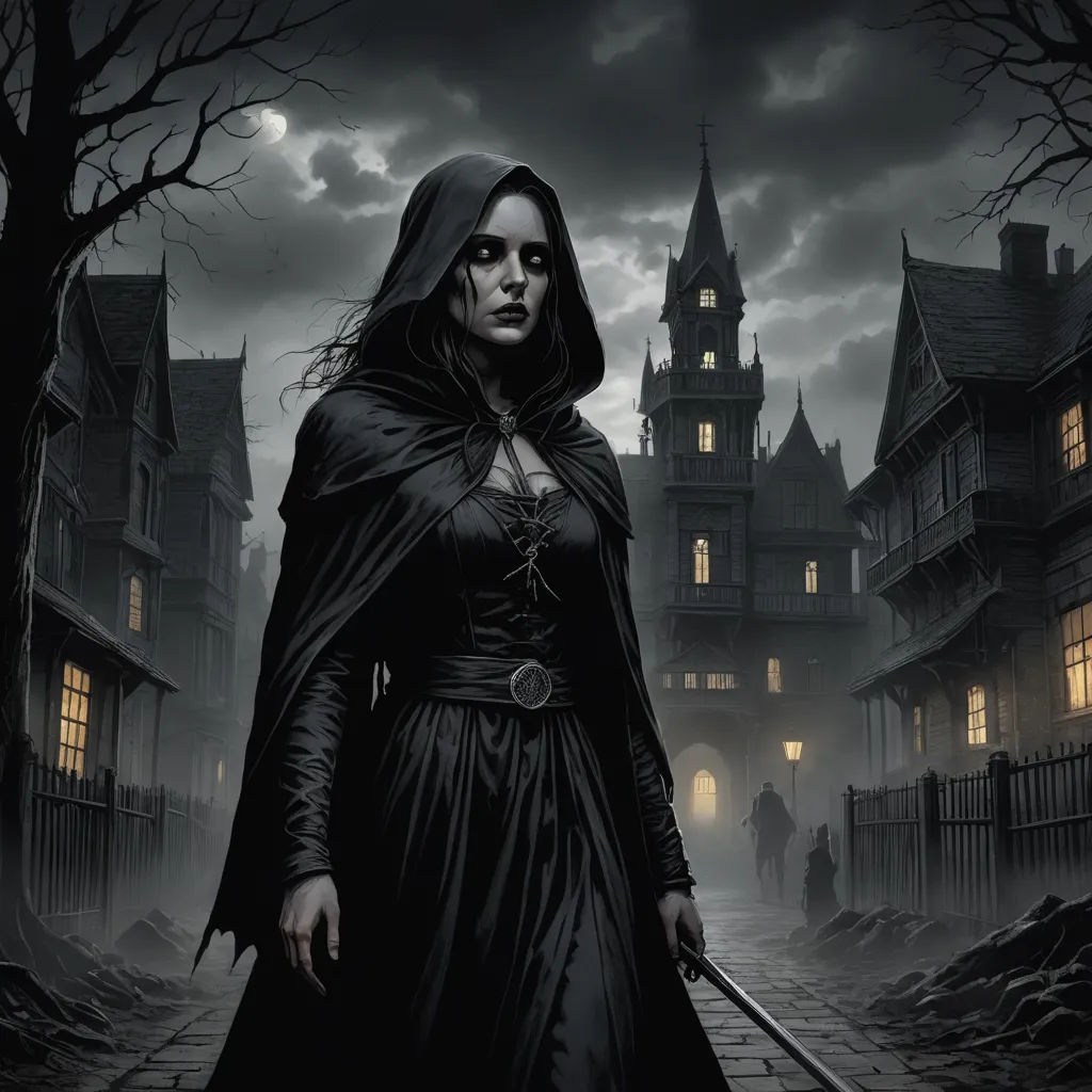a woman in a black dress holding a sword in a dark alley with a castle in the background and a full moon in the sky, gothic art, a detailed matte painting, Chris Rallis, magic the gathering artwork