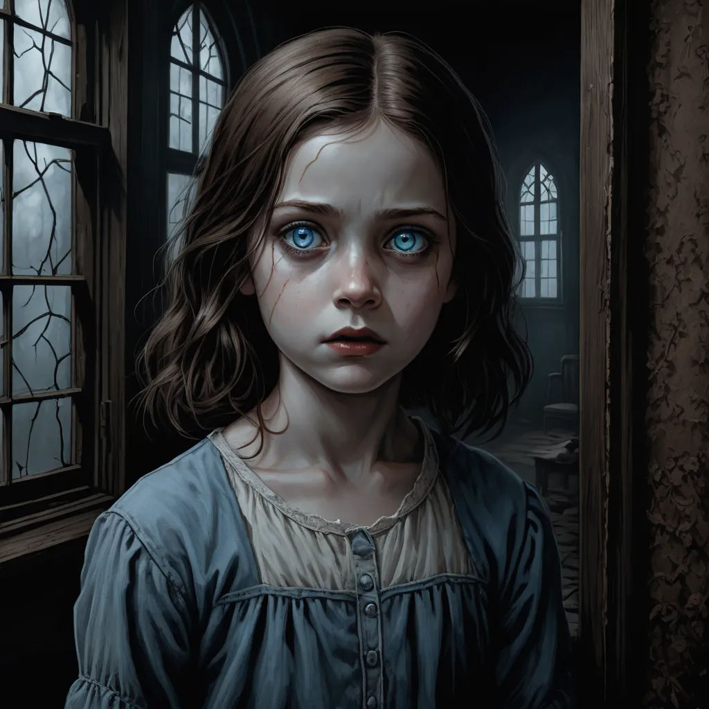 a painting of a girl with blue eyes looking out a window at something outside of a building with a stained glass window, gothic art, a detailed painting, Bastien L. Deharme, magic the gathering artwork