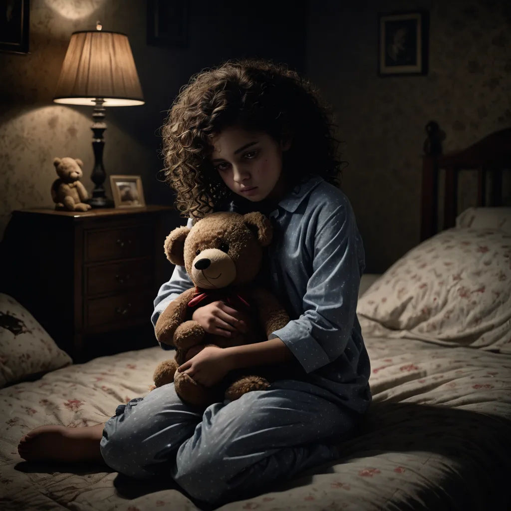 a woman sitting on a bed holding a teddy bear in her hands and a lamp on the side of the bed, art photography, a stock photo, Daniel Lieske, promotional image