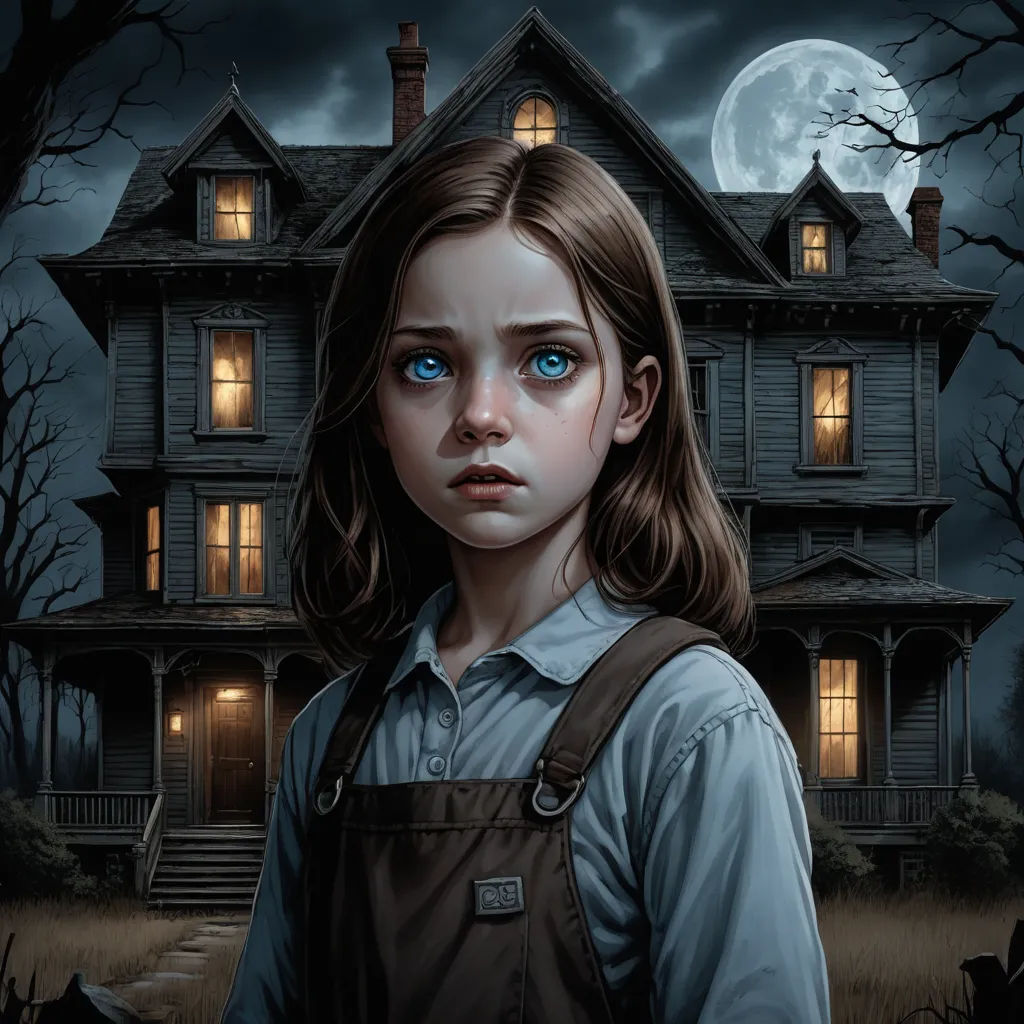 a painting of a girl with blue eyes standing in front of a creepy house with a full moon in the background, gothic art, poster art, Aaron Jasinski, key art