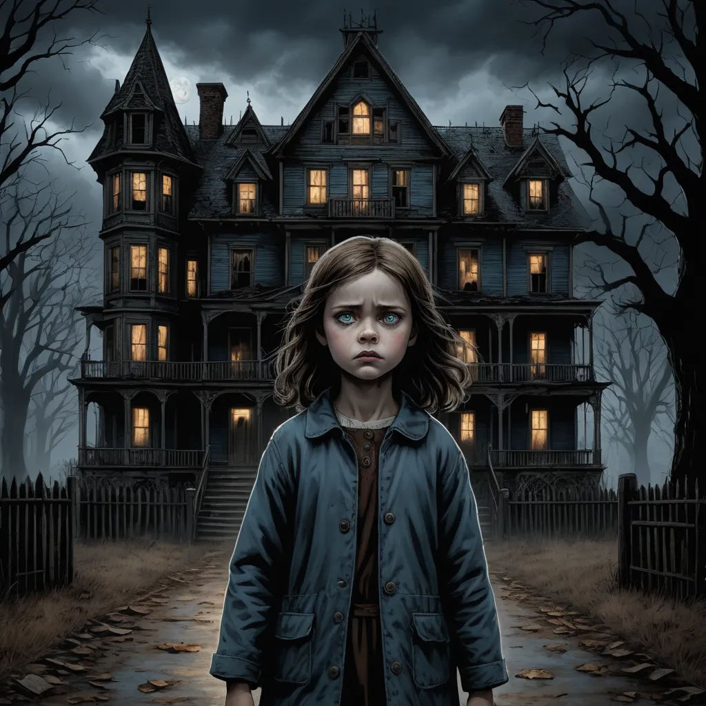 a painting of a girl standing in front of a creepy house with a creepy face on it's face, gothic art, a detailed matte painting, Dan Mumford, promotional image