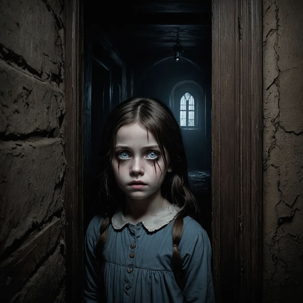 a young girl with blue eyes standing in a doorway with a creepy look on her face and a creepy expression on her face, gothic art, a character portrait, Clarice Beckett, promotional image