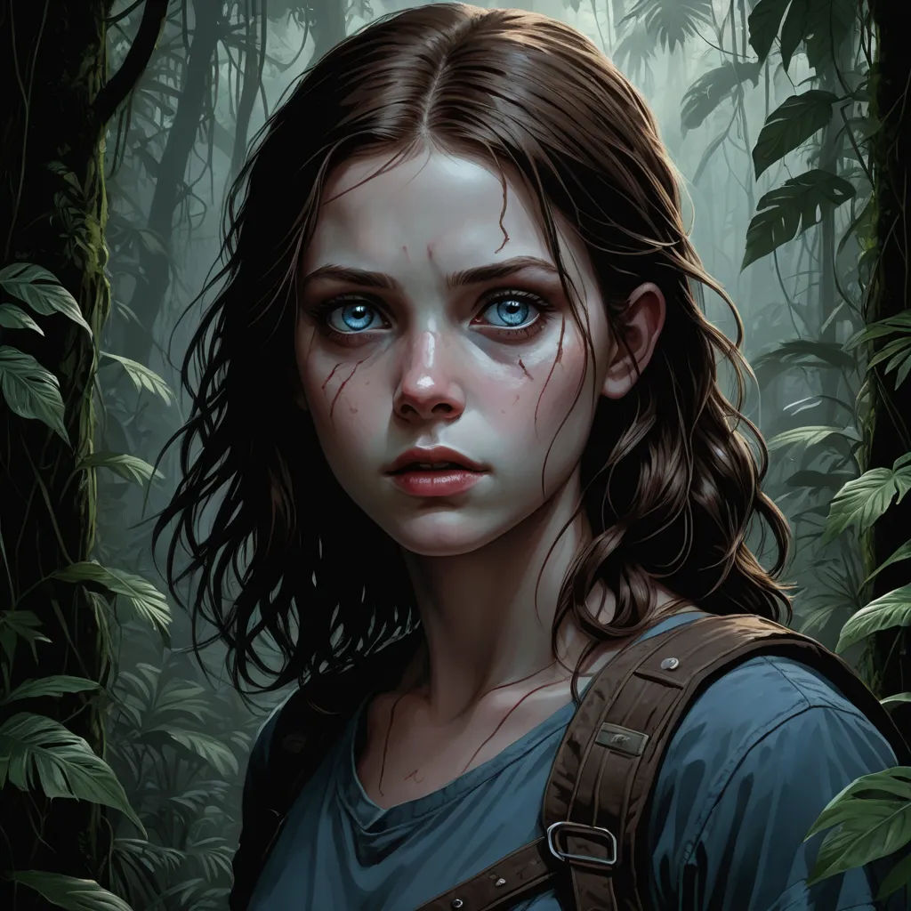 a painting of a girl in the jungle with blue eyes and a backpack on her shoulder, staring at the camera, fantasy art, a character portrait, Clint Cearley, stanley artgerm lau