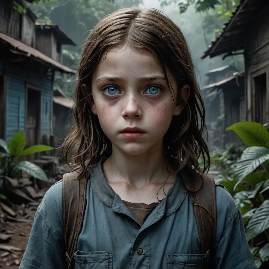 a young girl with blue eyes standing in front of a forest with houses and trees in the background and a forest with green leaves, primitivism, a character portrait, Elisabeth Collins, promotional image