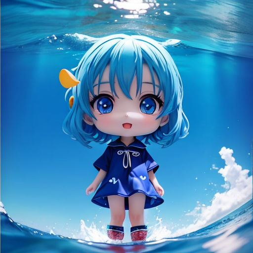 Chibi anime girl, deep dark blonde hair, one-sided bangs, blue