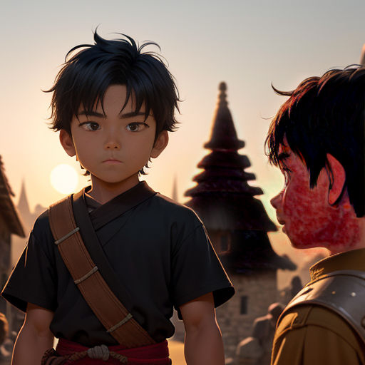 a young boy standing next to a man in a costume in a game of thrones with a sunset in the background