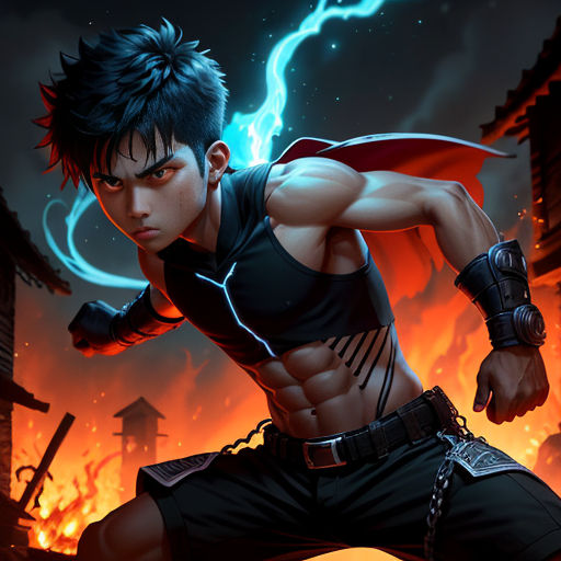 a man with a sword in front of a fire and sky background with a lightning bolt in the background