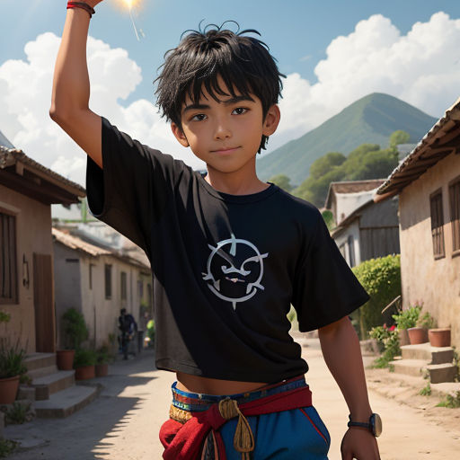 a young boy holding a lite up in the air with a smile on his face and a smile on his shirt