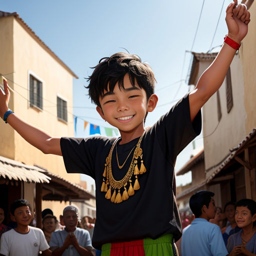 a young boy is holding a kite in the air in front of a crowd of people in a village