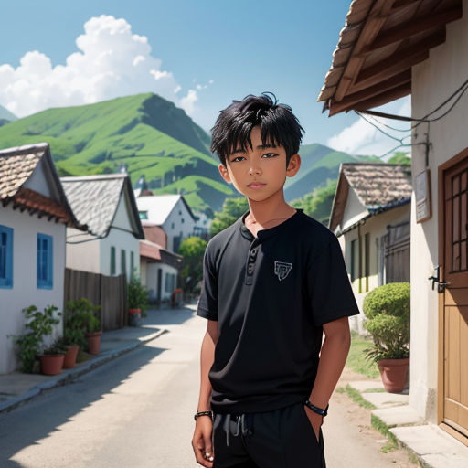 a young man standing in the middle of a street in front of a mountain range with houses and a mountain in the background