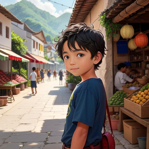 a boy standing in front of a fruit stand in a village with mountains in the background and people walking around