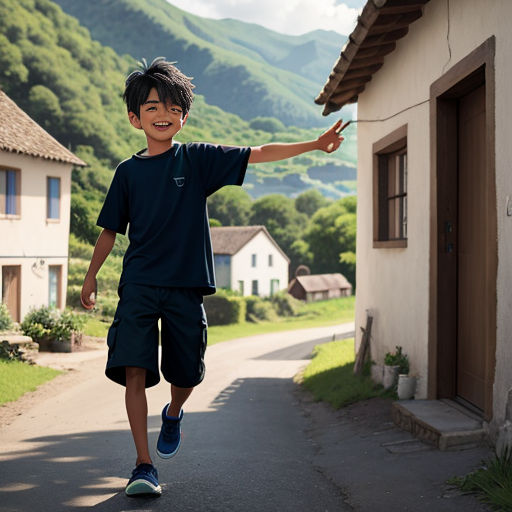 a young boy is running down a street in a village with mountains in the background and a house with a door