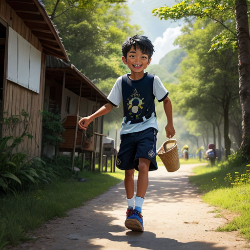 a young boy walking down a dirt road carrying a basket and a bucket of water in his hand and a house in the background