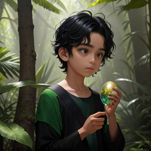 a young boy holding a crystal ball in a forest of trees and plants, with a green shirt on