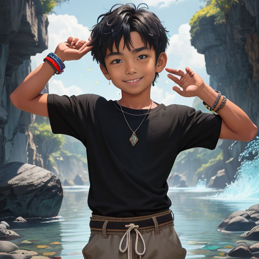 a boy with a black shirt and a black shirt and a black shirt and a river and rocks and a blue sky