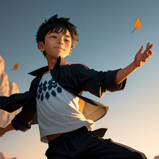 a boy is flying a kite in the air with his arms outstretched and his shirt pulled back with his hands