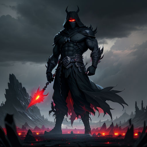 a man in a black outfit with a red light on his face and a demon on his arm, standing in a dark landscape