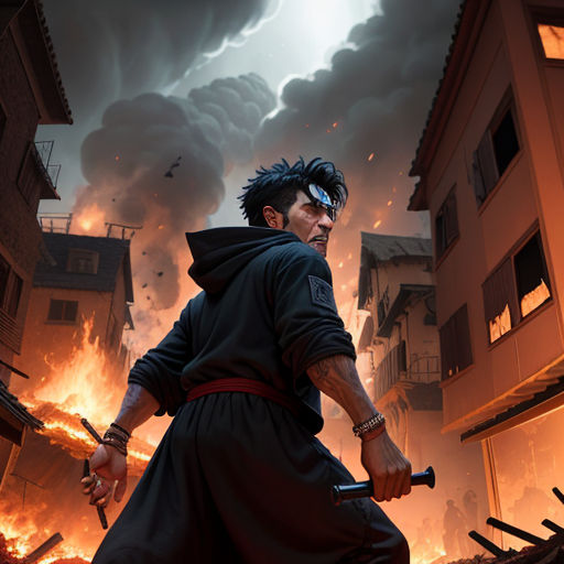 a man holding a sword in front of a fire filled city with buildings and a sky background with clouds