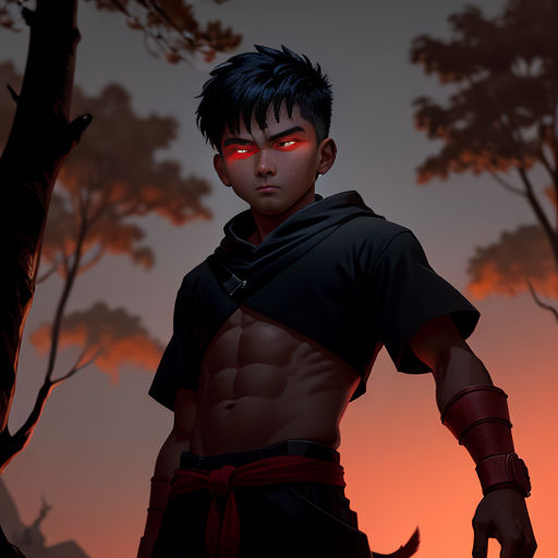 a man with red eyes standing in front of a tree with a sword in his hand and a demon on his chest