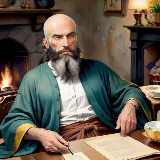 a painting of a man with a beard and a beard sitting at a table with a book and a pen