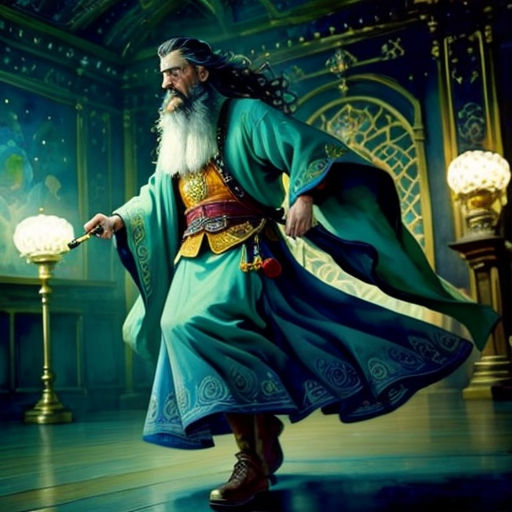 a man with a long beard and a long beard in a green robe is holding a wand in his hand