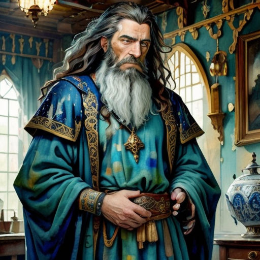 a painting of a man with a long beard and a beard wearing a blue robe and holding a gold cross