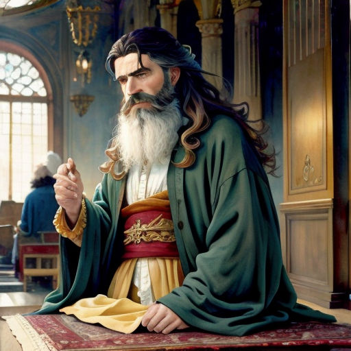 a painting of a man with a long beard and a beard in a green robe sitting on a table
