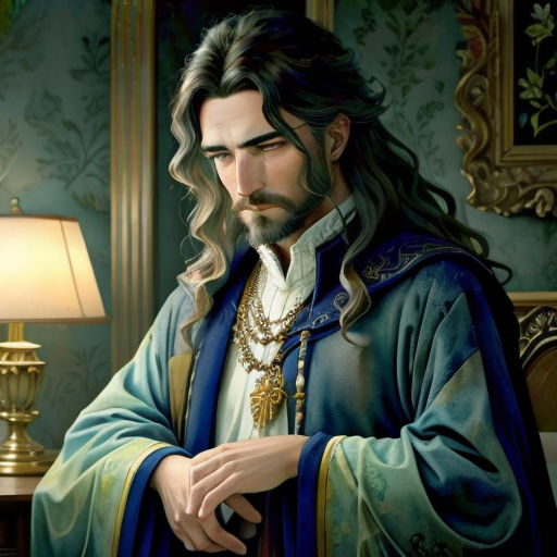a painting of a man with long hair and a beard wearing a blue robe and a gold necklace and a lamp