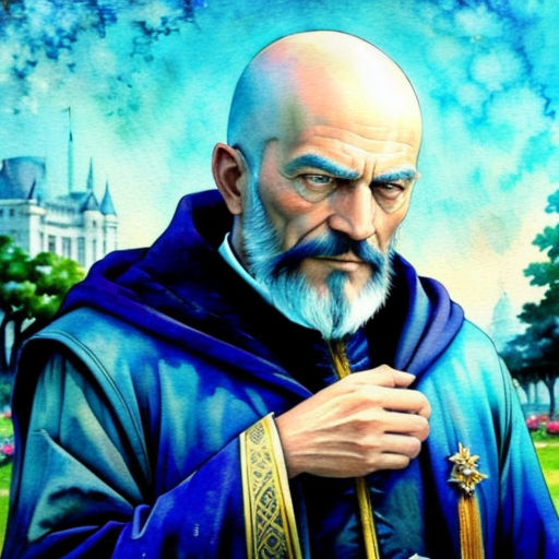 a painting of a man with a blue robe and a cross in his hand, standing in front of a castle