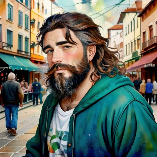 a painting of a man with a beard and a green jacket on a street corner with people walking around