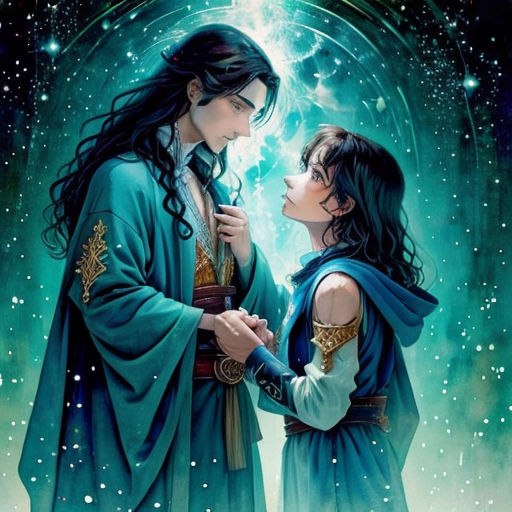 a painting of a couple in a fantasy setting with a star in the background and a sky filled with stars