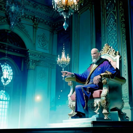 a man sitting in a chair in a room with chandeliers and a clock on the wall behind him