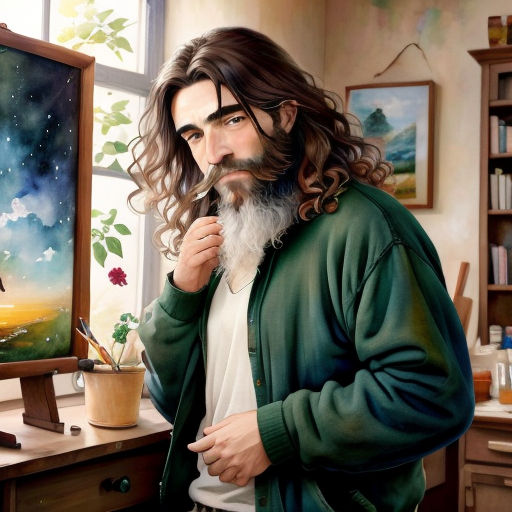 a painting of a man with long hair and a beard standing in front of a painting of a man with a beard