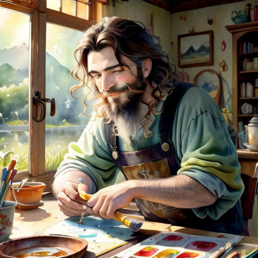 a man with a beard is painting a picture on a table with a paintbrush and palettes on it