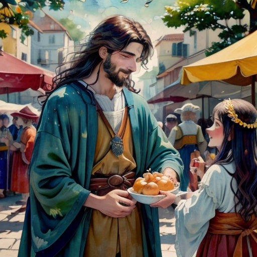 a painting of jesus holding a plate of food with a little girl looking on from the other side of the picture