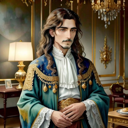 a painting of a man in a green and gold outfit with long hair and a mustache and a beard