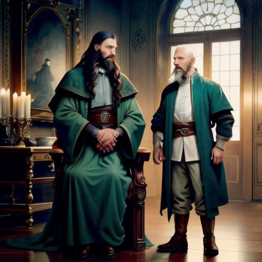 a man in a green robe and a man in a white shirt are standing in a room with candles