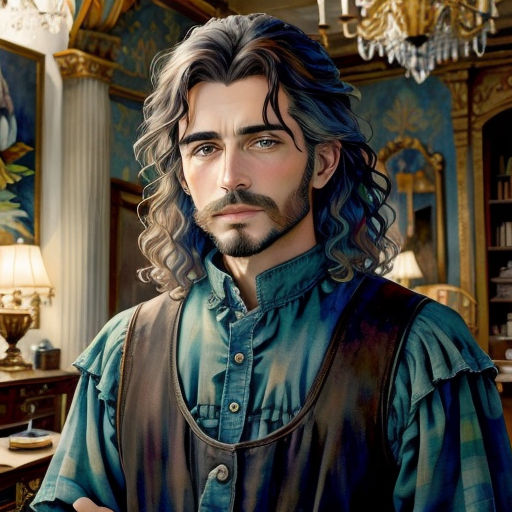 a man with long hair and a beard in a room with paintings on the walls and a chandelier