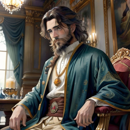 a man with a beard sitting in a chair in a room with paintings on the walls and a chandelier