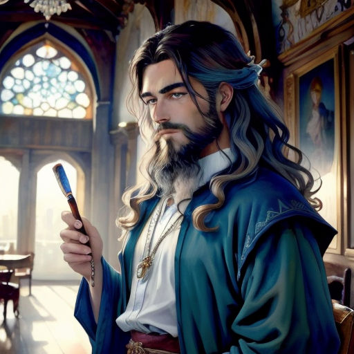 a man with long hair and a beard holding a cell phone in a room with stained glass windows and a stained glass window