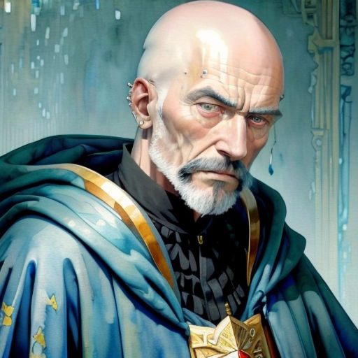 a painting of a man with a bald head and a blue cape on his shoulders and a gold ring around his neck