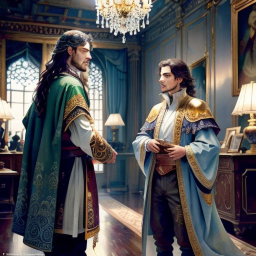 a man in a renaissance costume talking to another man in a renaissance costume in a room with chandeliers