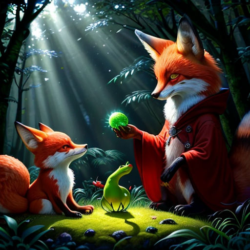 a painting of a fox and a frog playing with a ball in the woods with sunlight streaming through the trees