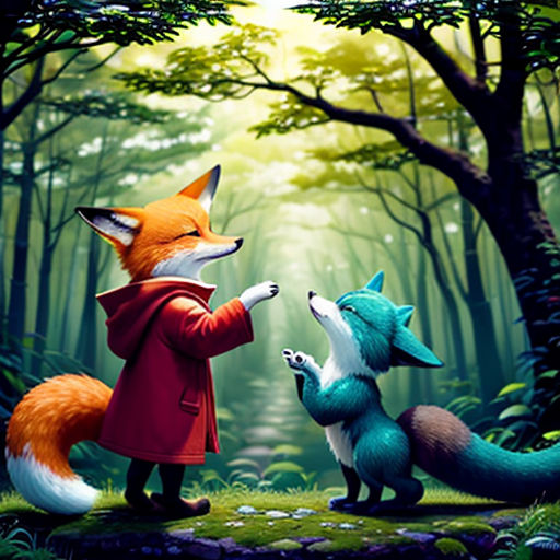 a painting of two foxes in a forest with a man pointing at them with a finger in the air