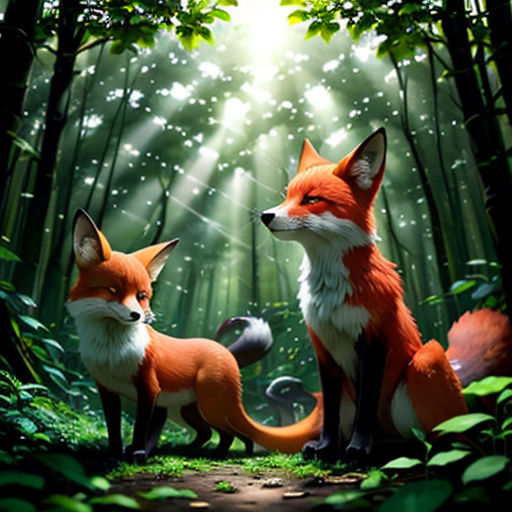 two foxes in the woods with sunlight shining through the trees and leaves on the ground, one of them is looking at the other