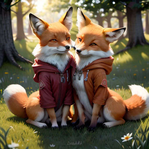 two foxes in jackets sitting in the grass together, facing each other, with trees in the background and grass and flowers in the foreground