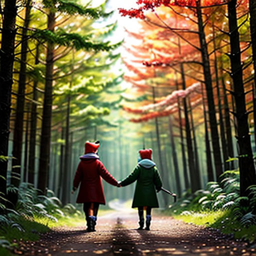 two people walking down a path in the woods holding hands and holding hands with each other, with trees and leaves in the background
