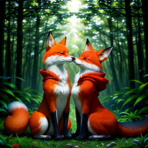 two foxes sitting in the middle of a forest with a bright light coming through the trees behind them,