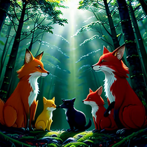 a painting of three foxes in the woods with a light shining through the trees behind them and a forest floor